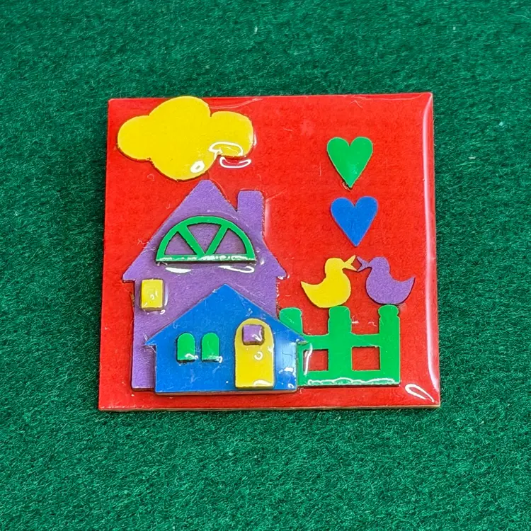 House Pins By Lucinda Brooch Red Background Rainbow Kissing Ducks Hearts Square