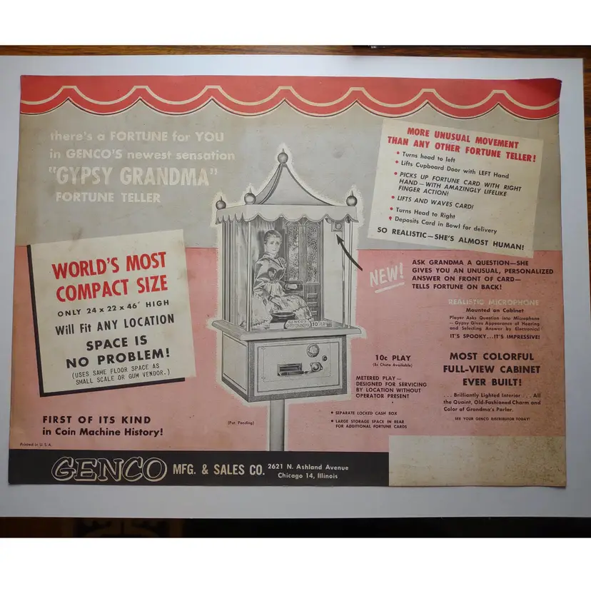 Gypsy Grandma Penny Arcade FLYER 1957 Original Fortune Teller Horoscope Genco Mystic Original Vintage Amusement