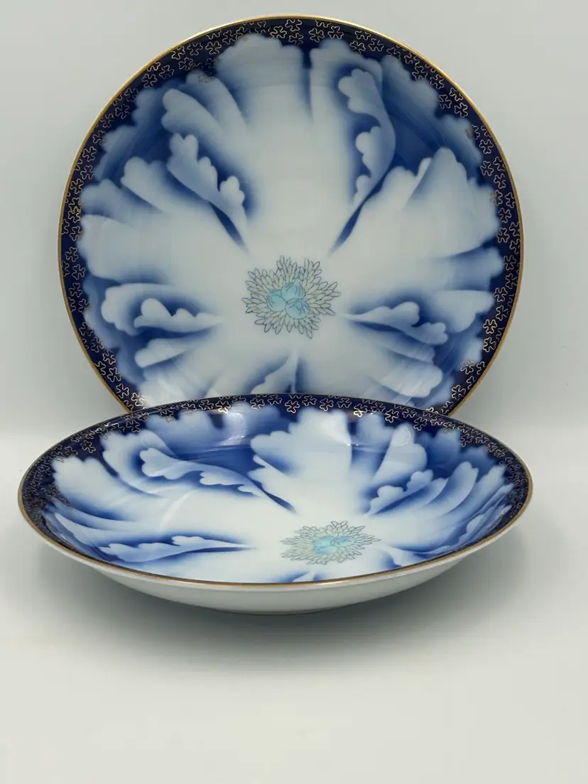 2 Japanese Aritaware Peony Blue & White& Gold Dishes