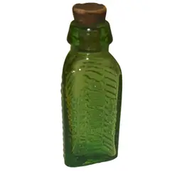 Antique Miniature 2” 3 In One Oil Sample Green Triangular Bottle