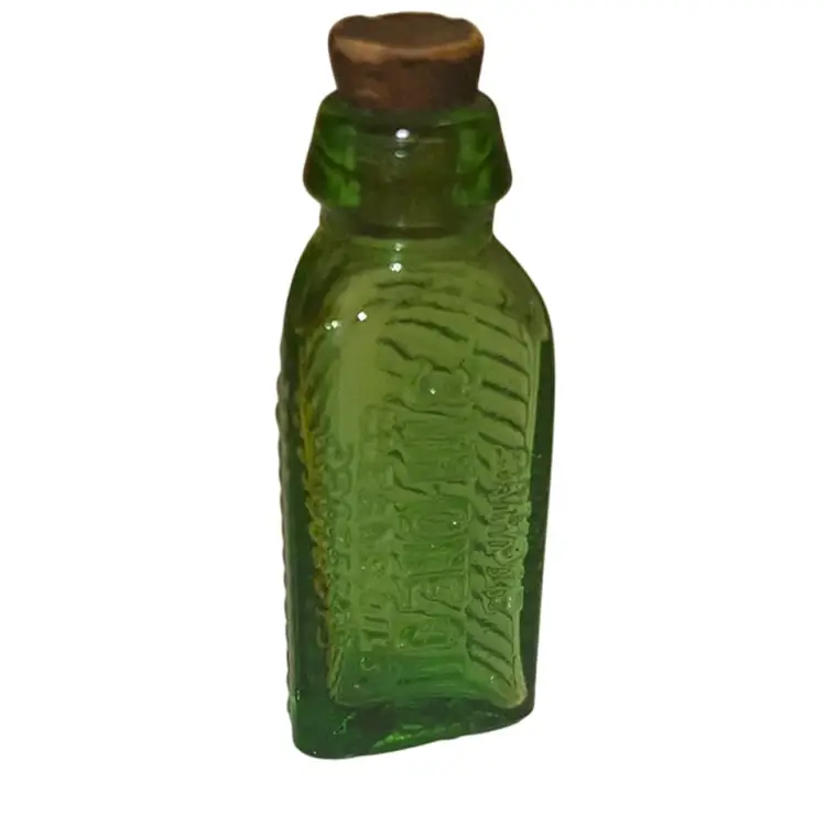 Antique Miniature 2” 3 In One Oil Sample Green Triangular Bottle