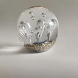 Vintage Controlled Bubble Blue And Gold Paperweight 2.5in