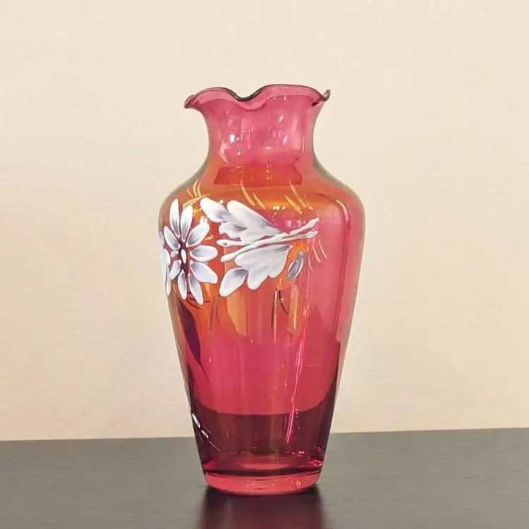 Vintage Rainbow Art Glass Cranberry Hand Painted Flowers Fluted Ruffled Vase