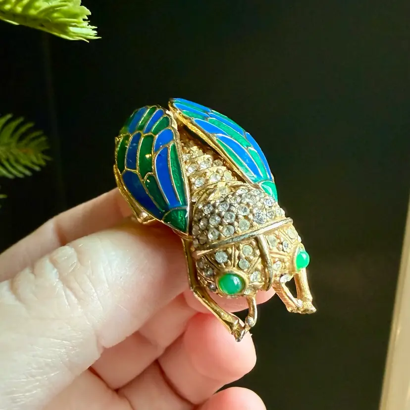 RARE CINER Figural Cicada Brooch Enamel Crystal Cabochon Signed VTG | READ AS IS