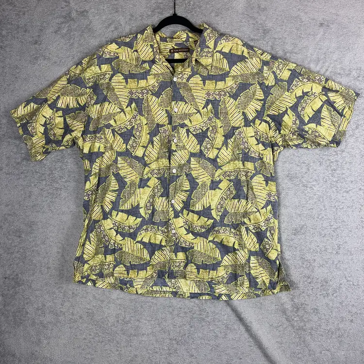 Tori Richard Hawaiian Shirt Men’s 2XL Gray Green Honolulu Leaf Print 100% Cotton Lawn Made in Hawaii