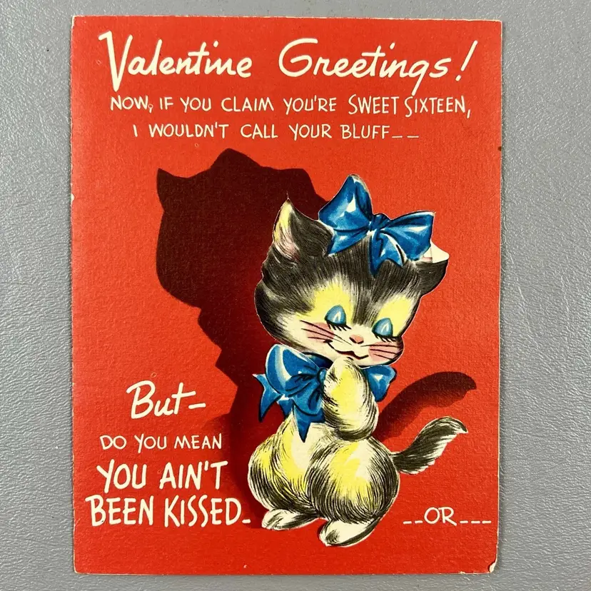 Vintage Valentine Greeting Card Kitten Cat A Novo Laugh USA Ain't Been Kissed