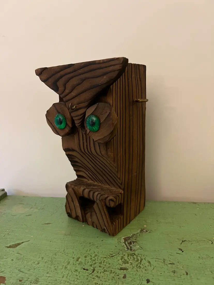 1970s Owl Bar Tool Holder. Vintage | Handmade | Raised Grain Wood | Cocktail Bar Tool Caddy Set Holder. *Owl Only*