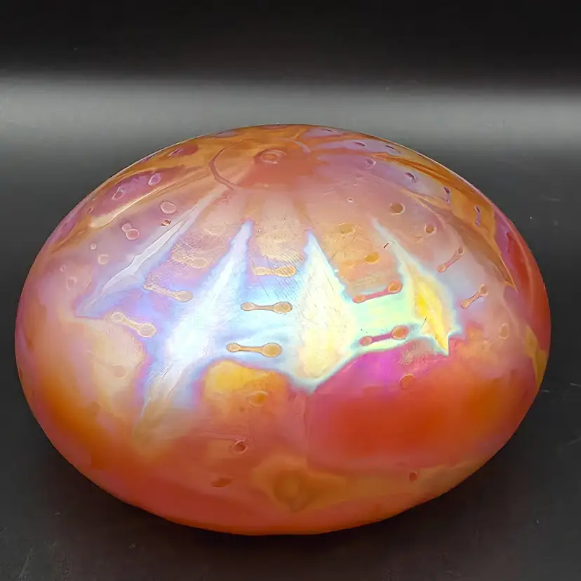 Levay Iridescent Peach Studio Art Glass Paperweight Handblown Signed