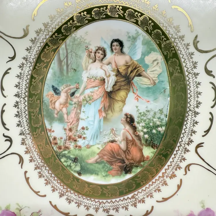 Vintage Imperial China Austria Cake Plate Floral Garden Cupid Nymph Vienna Style