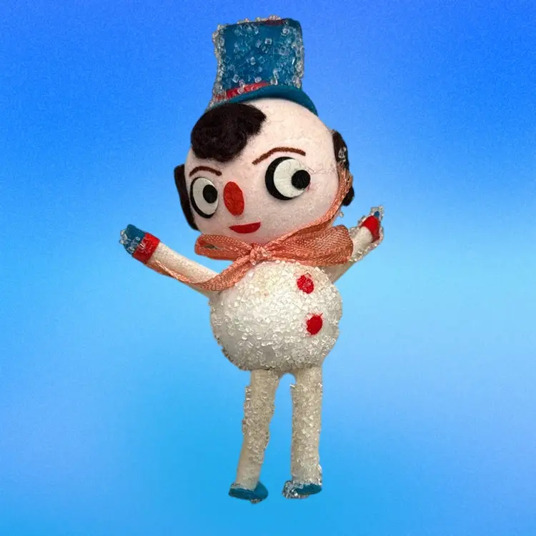 Vintage MCM Mica Putz Spun Cotton Sugared Snowman w/ Hat Ornament 5.5”