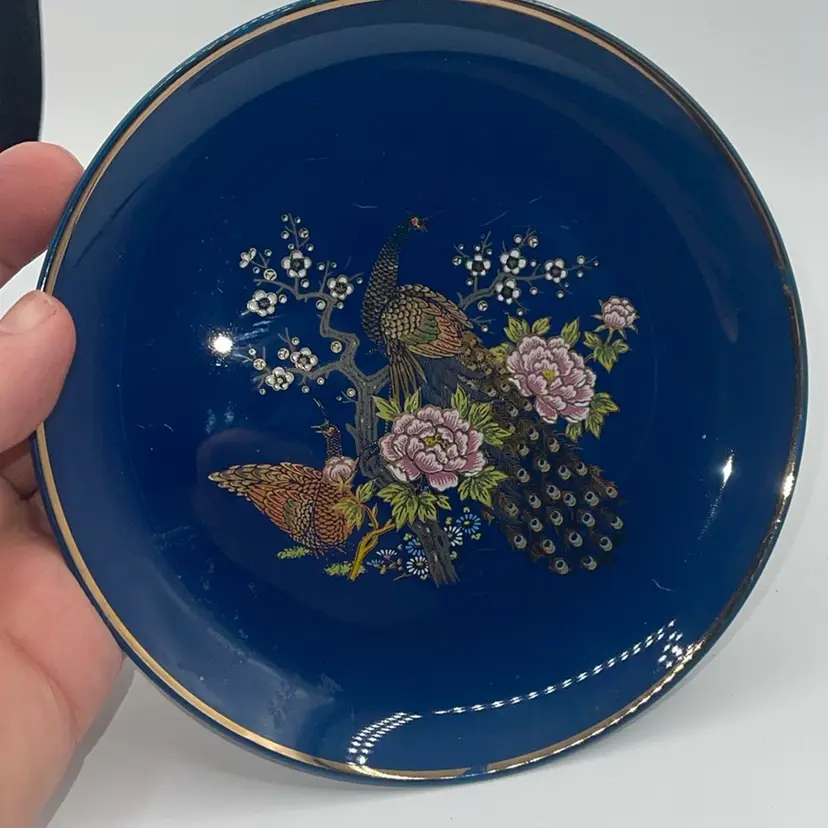 Blue 6.25” Tray With Peacock Gold Building