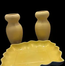 #01 Vintage California Pottery Conceal Dish  And Pair Of Hager Yellow Vases