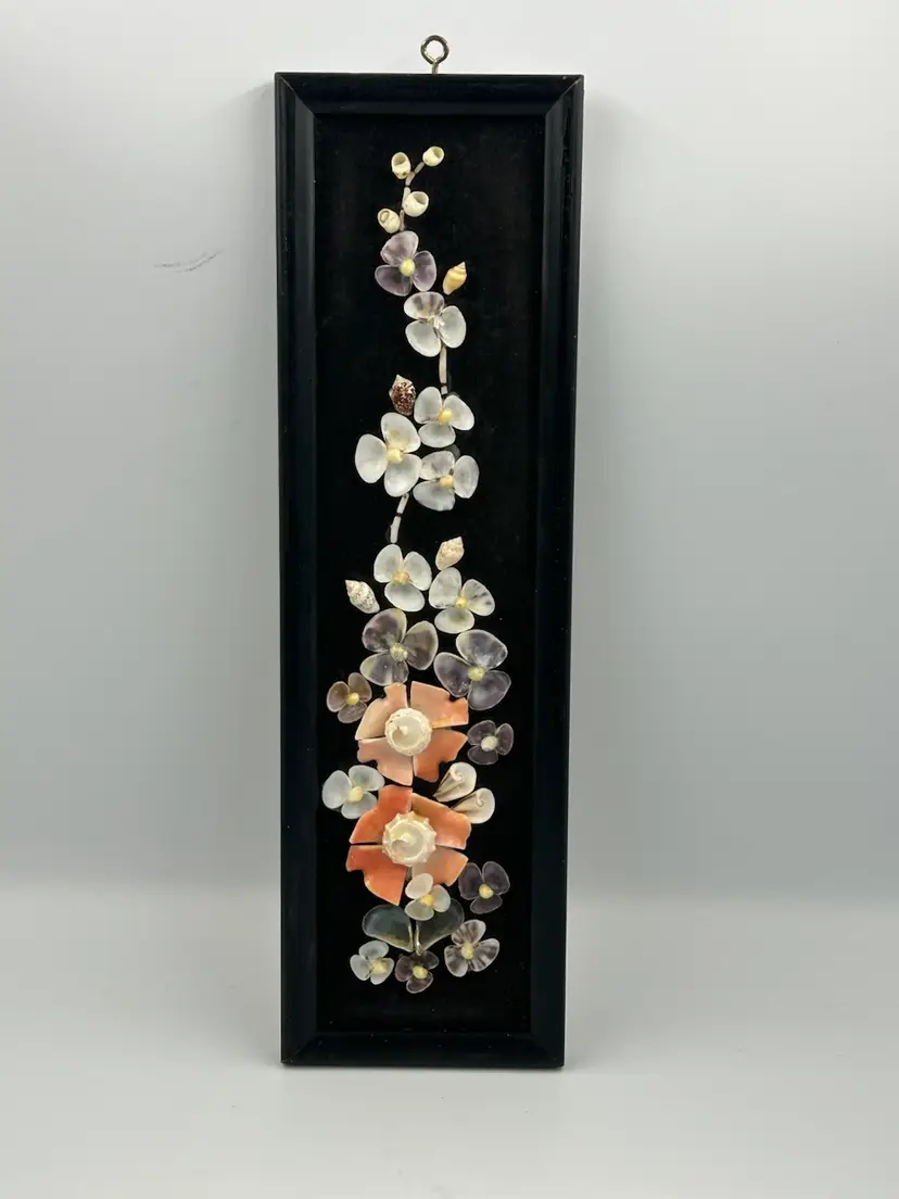 Vintage Black Frame And Velvet Mat, Seashell Floral Design Wall Art