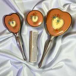 Vintage Vanity Dresser Set. Pink And Silver Tone Metal  Powder, Jar, Mirror, Comb, Brush