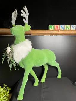 Retro 16" Green Flocked Reindeer w/ Silver Glittered Antlers & White Faux Fur w/ Greenery Embellishment at Neck-Lot 60