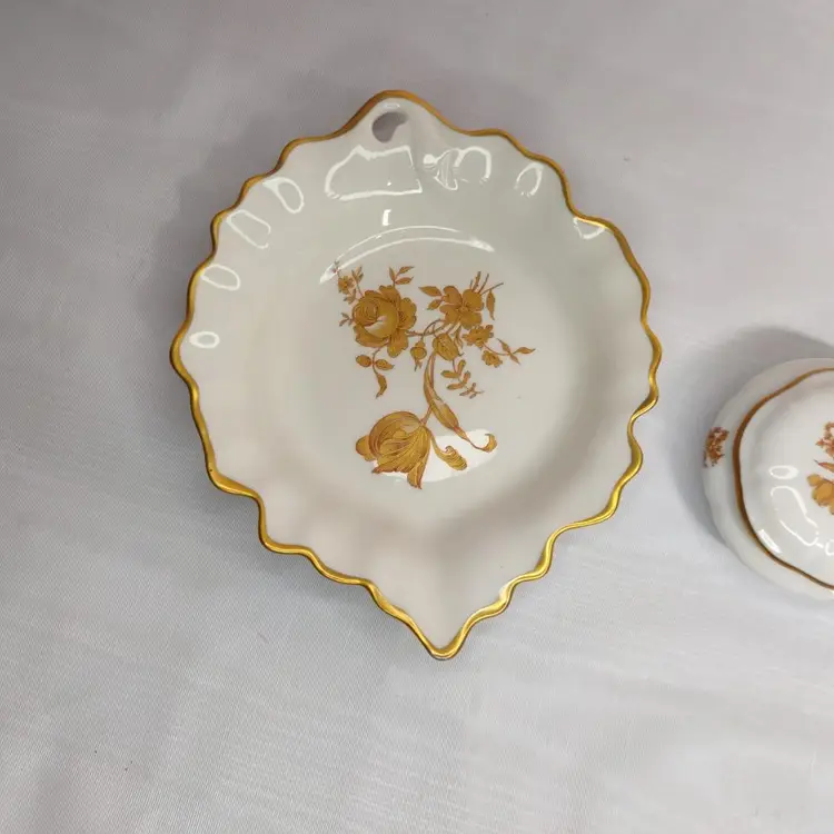 Limoges France Gold Gilt Rose Floral Trinket Box Leaf Dish Jewelry Dresser Set