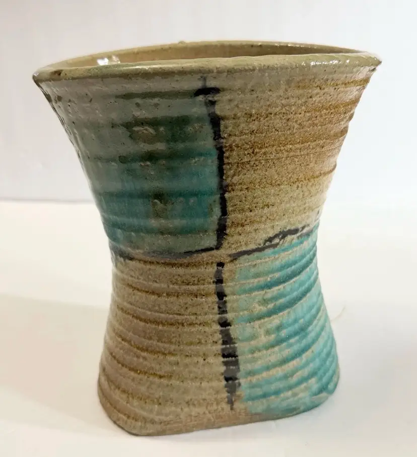 Art Pottery Vase Signed Patrick, Bag Shaped Glazed 4 Squares