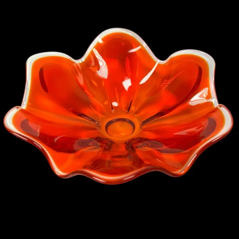 8” Vibrant Orange - Red Ruffled Art Glass Console Bowl With Clear Edge. Glows Slight Orange on Bottom In Blacklight. Great Centerpiece For Candy, Potpourri, Soaps, Ornaments, Trinkets.