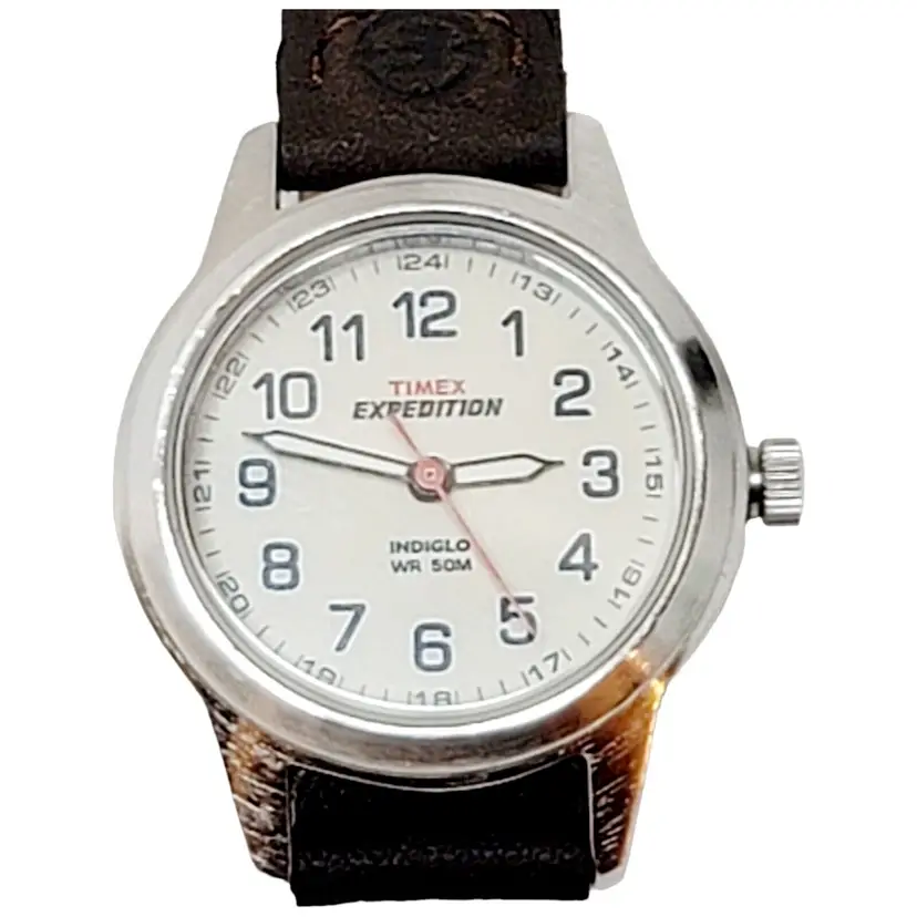 Timex Expedition Indiglo Round Silver Tone Case 26 mm Brown Leather Band Watch