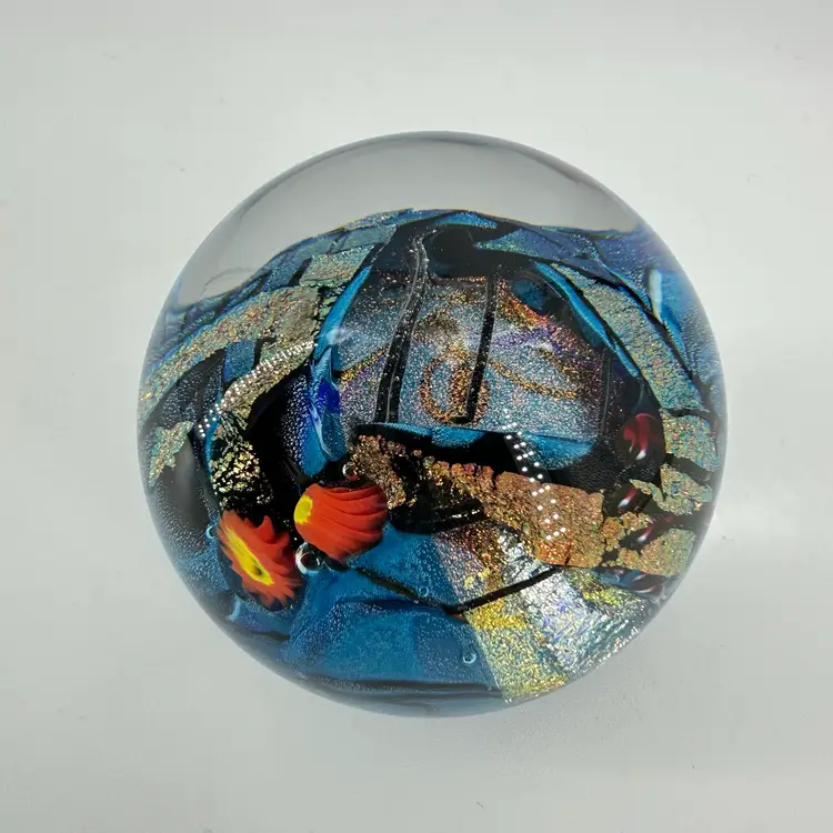 Shawn Messenger Blue Dichroic Foil Art Glass Paperweight Signed