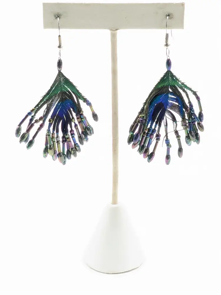 Peacock Feather Dangle Pierced Earrings with Bead Accents