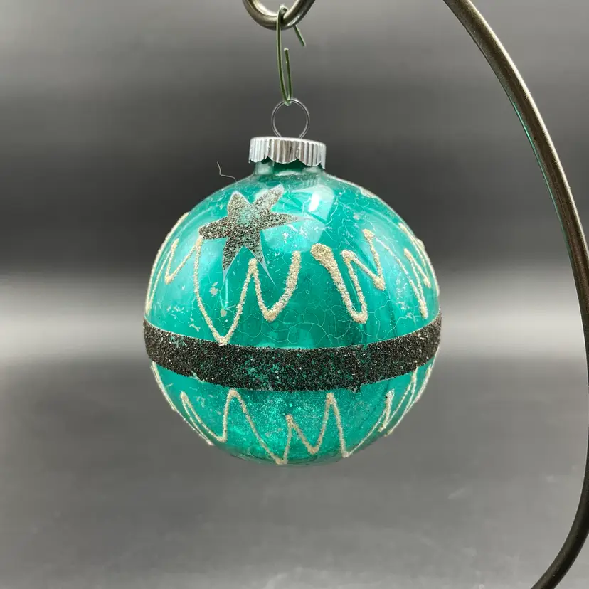 Teal Mercury Glass Black Mica Stars Stripe Vintage Hanging Christmas Ornament
