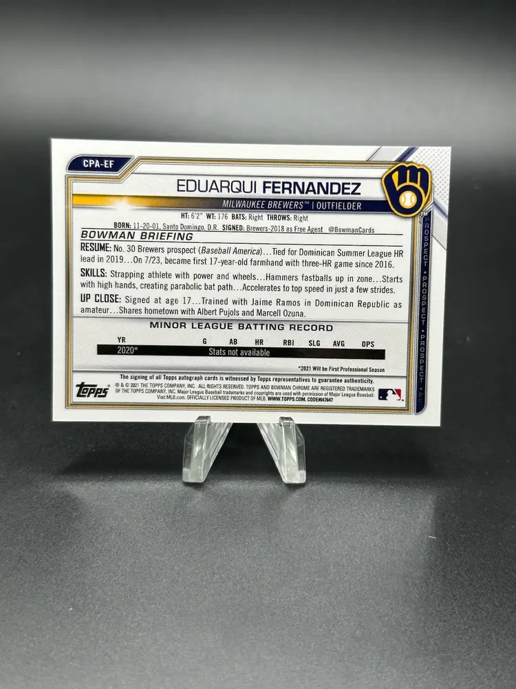 2021 Bowman Chrome Eduarqui Fernandez Auto 1st #CPA-EF Brewers