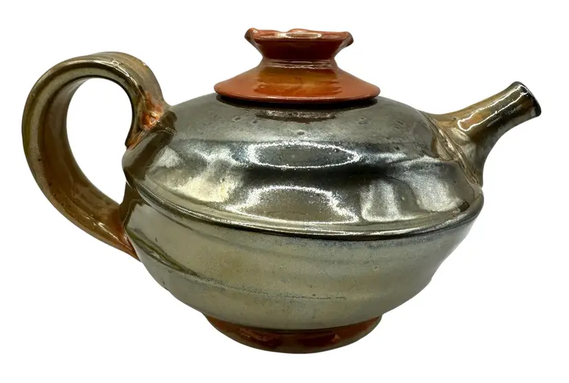 Studio Art Pottery Teapot Metallic Luster Brown Orange Brown Lid Handle 32oz 5”
