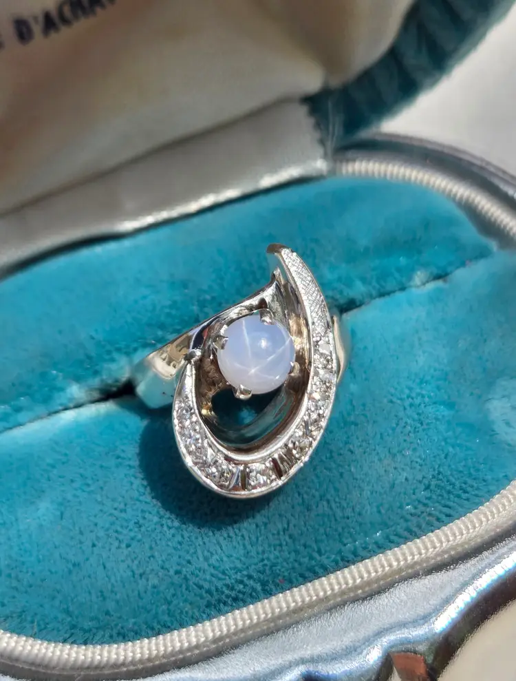 Vtg 14k White Gold Grey Star Sapphire Diamond Mod 60s Cocktail Ring Sz 4 - 4.6g