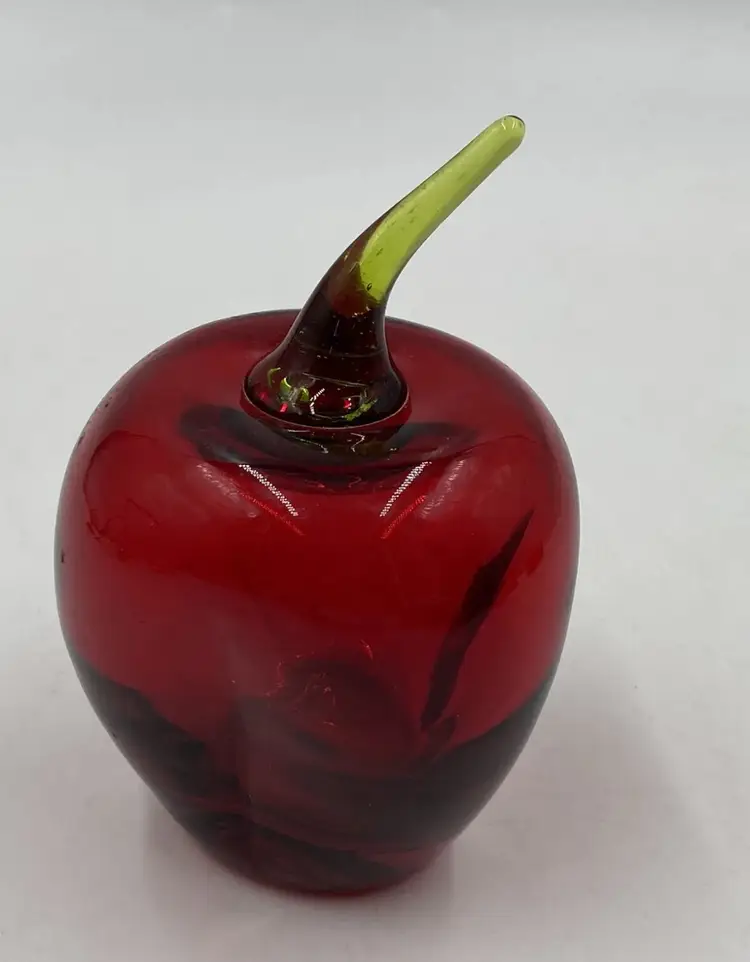 Vintage MCM 70s Viking Hand Blown Art Glass Green Stem Red Apple Paperweight