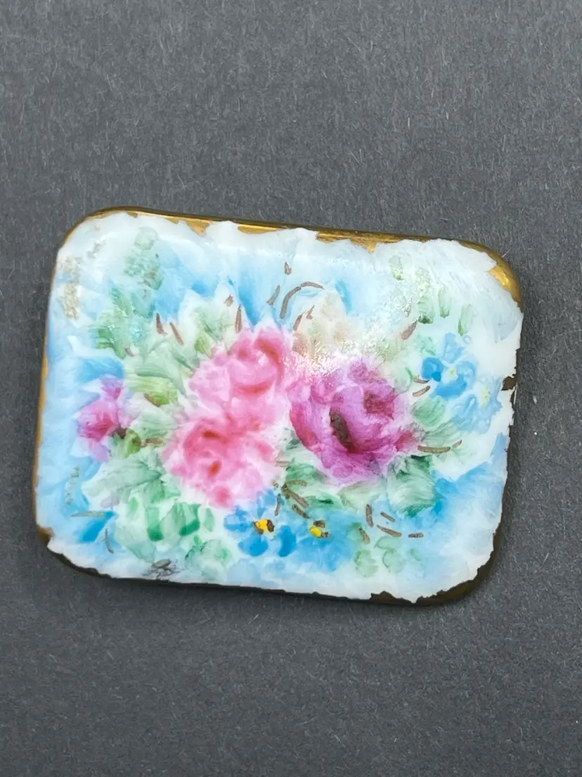 Hand-painted porcelain brooch with floral motif and gold trim. 2” Italian, Victorian Period 19th Century