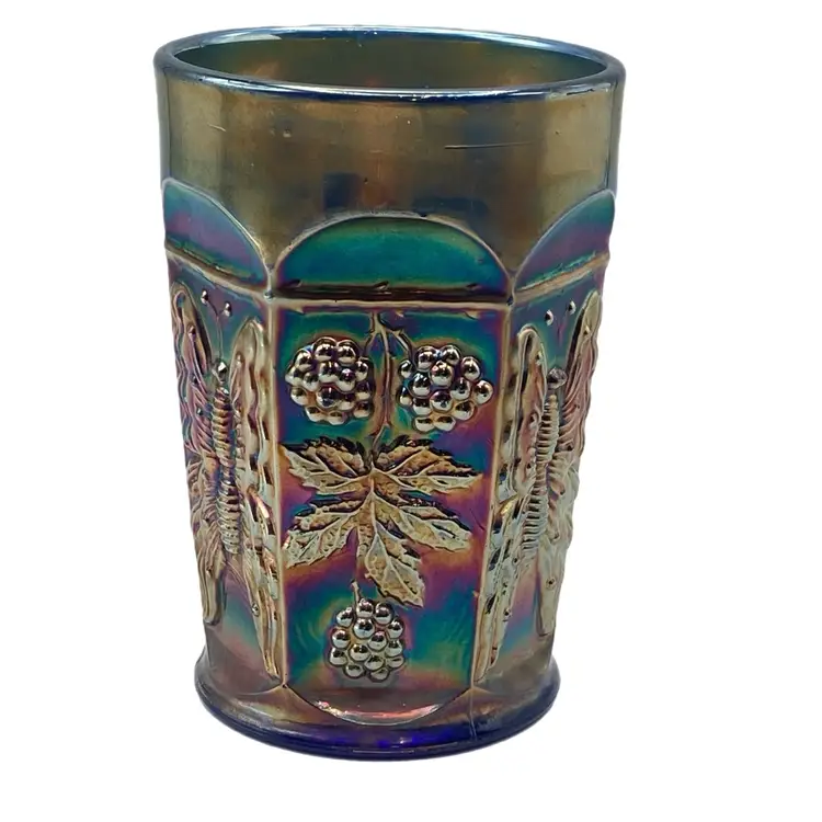 Fenton Royal Blue Carnival Glass Butterfly & Berry Pattern Tumbler READ