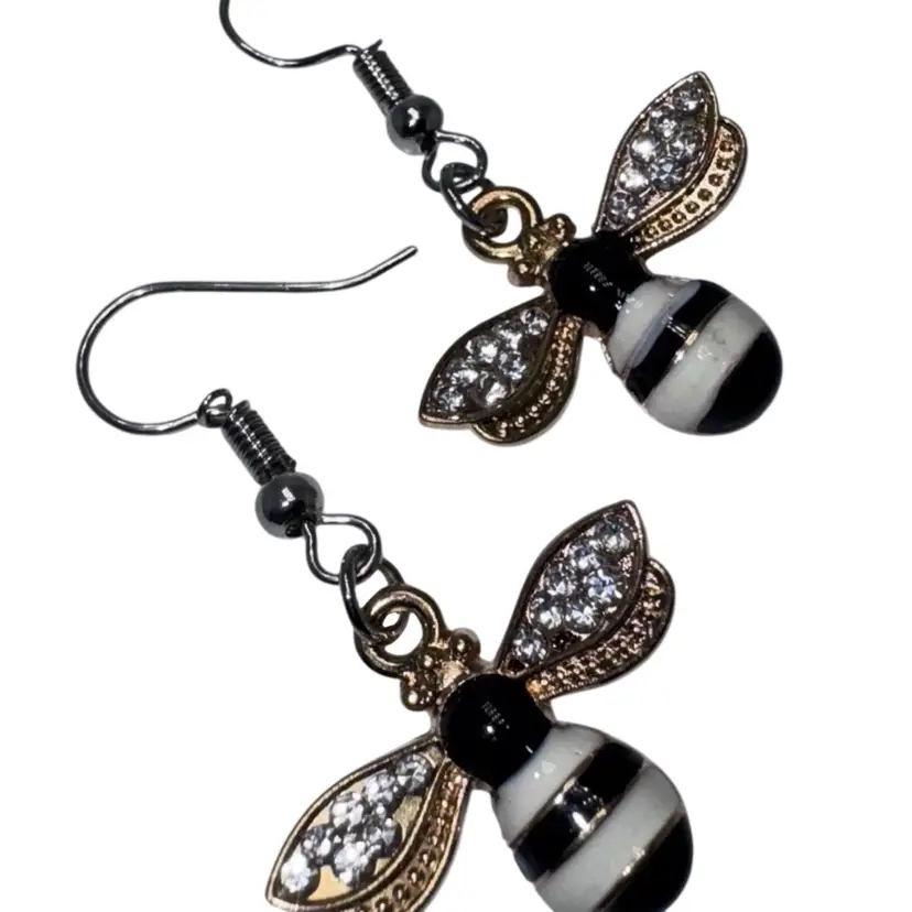 White & Black Bumble Bee Handmade Dangle/Fishhook Earrings