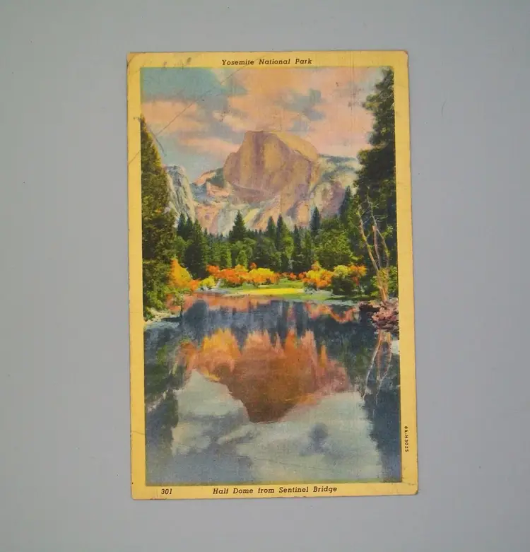 Vintage Yosemite National Park Linen Postcard - Half Dome from Sentinel Bridge Circa 1940's