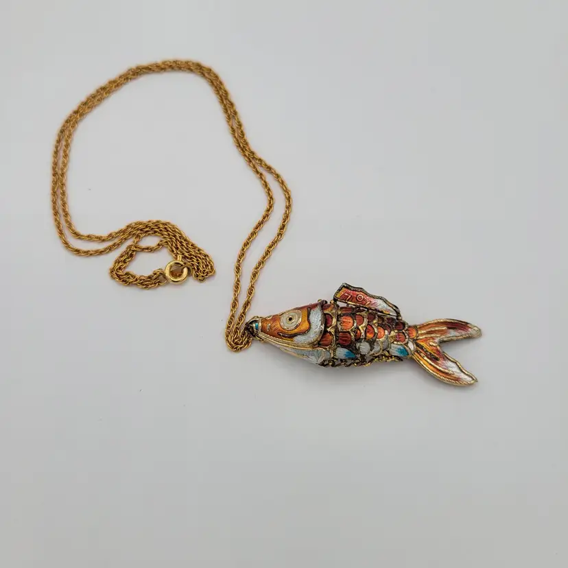 Vintage Articulated Cloisonne Fish Pendant Necklace on Gold Tone Chain Korea