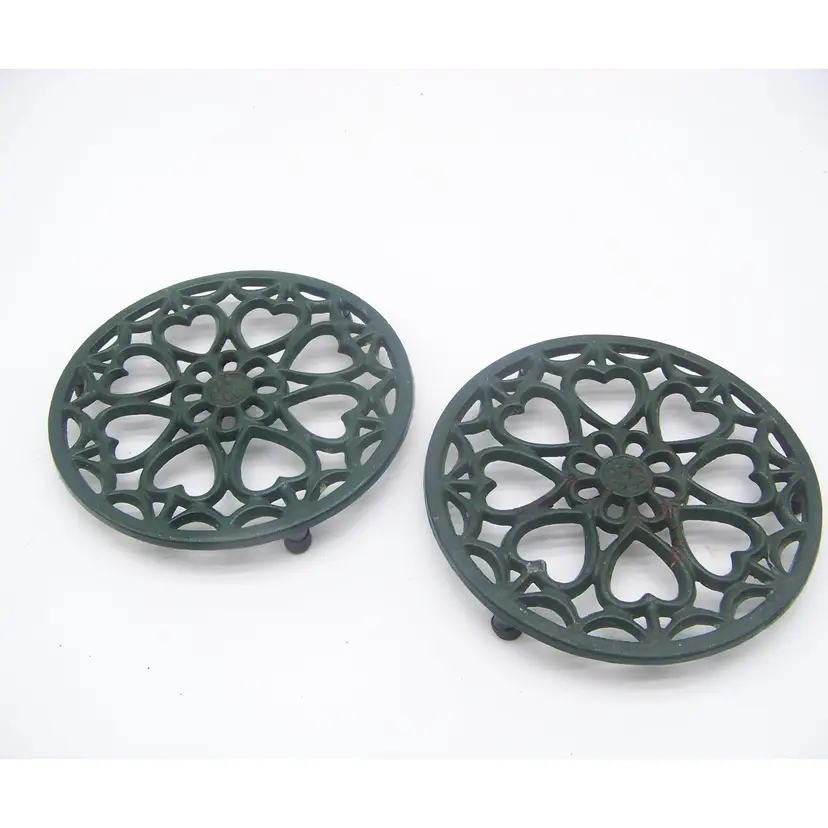 Vintage Pair of  Green Cast Iron Trivets with Peg Legs