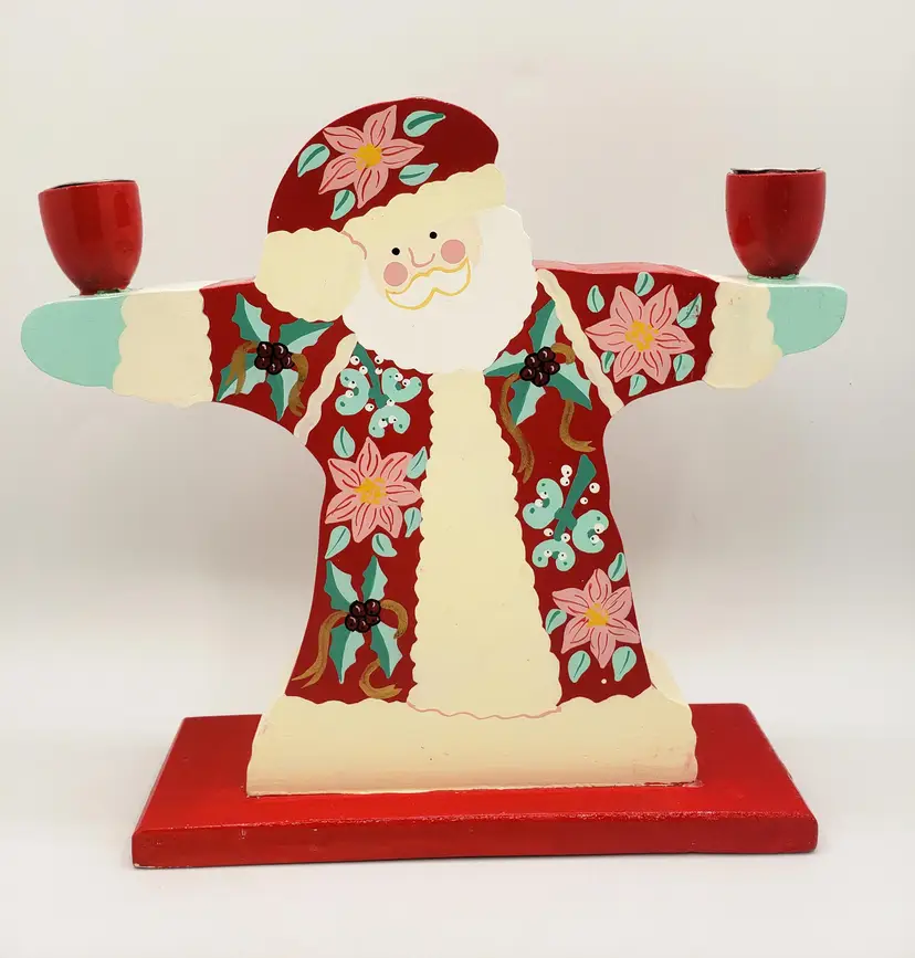 Hand Painted Folk Art Wooden Santa Candle Holder Vintage Christmas Decor Pier 1. Measures about 9" tall, 9.25".