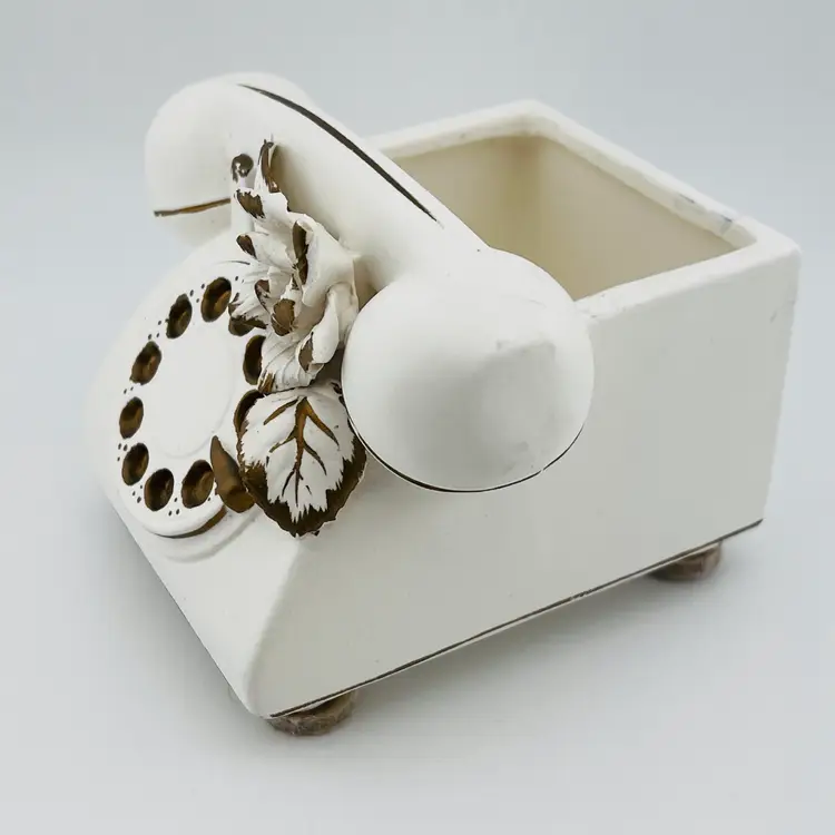 Cute Vintage Lefton Made In Japan Porcelain Rose White And Gold Telephone Planter 3.5”x4.75”x 5.5”