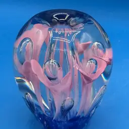 Vintage Hand Blown  Art Glass Paperweight Vase With Pink & Blue Internal Elements & Controlled Bubbles