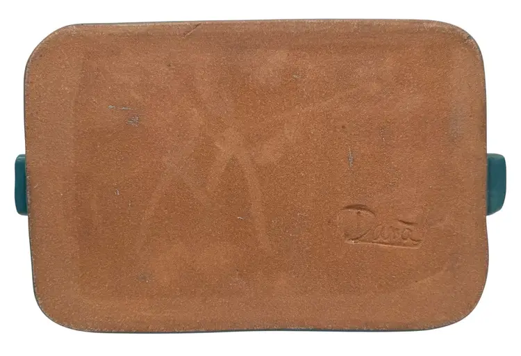 Signed Art Pottery Handled Tray Dish Turquoise Blue Magenta Tiki Geometric 8.5”