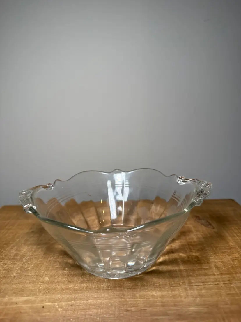 Fostoria Clear Glass Landrum Handled Bowl with Etched Polka Dots and Cane Bottom