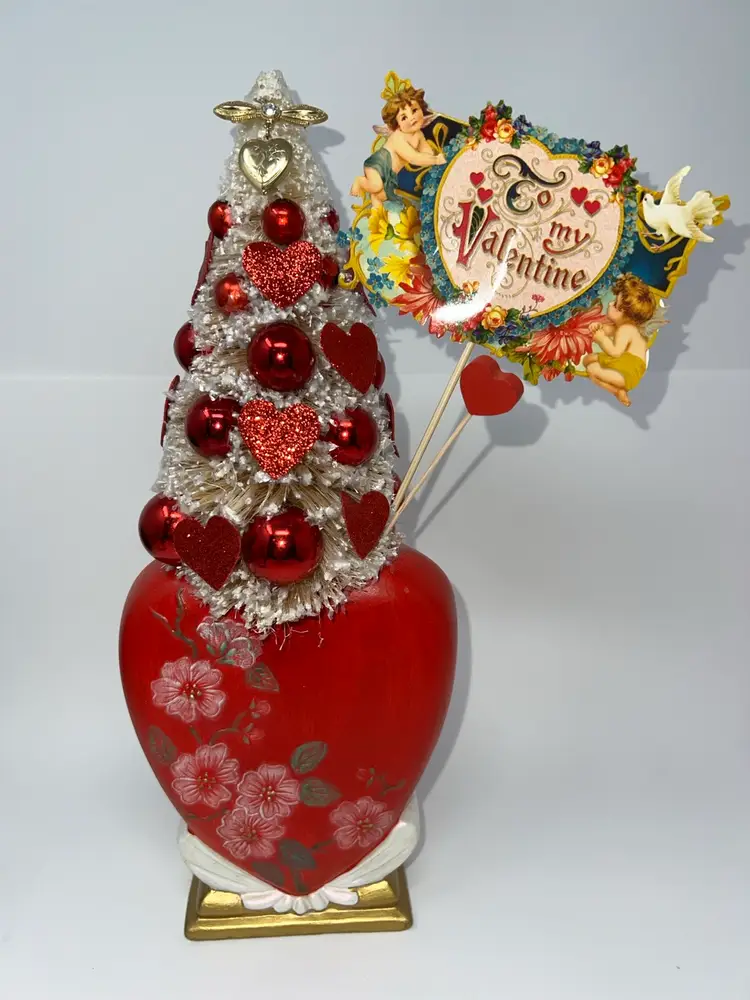 One Of A Kind Vintage Valentine’s Day Assemblage Ceramic Heart Vase Japan/ Bottle Brush Tree Hearts/ Victorian Card/ Heart Locket 14” H