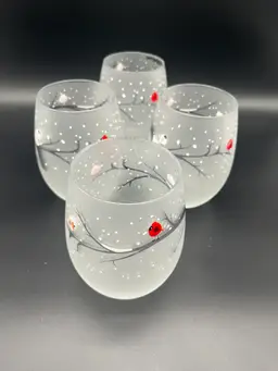 Vintage Culver Signed Cardinal & Bird Roly Poly Glasses - Set of 4, Winter Christmas