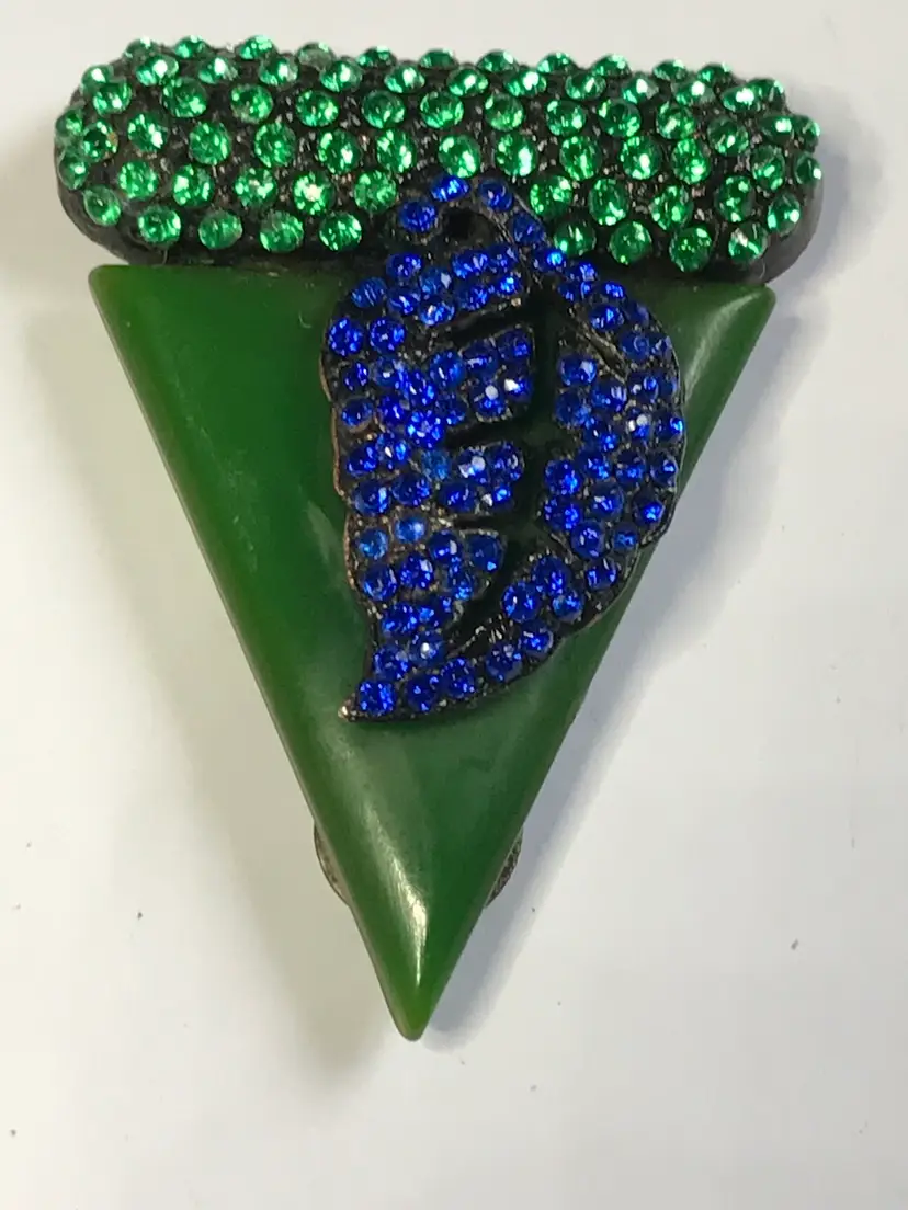 ANTIQUE Early ART DECO (F)RIEDMAN SIGNED BAKELITE BLUE & GREEN RHINESTONE DRESS CLIP