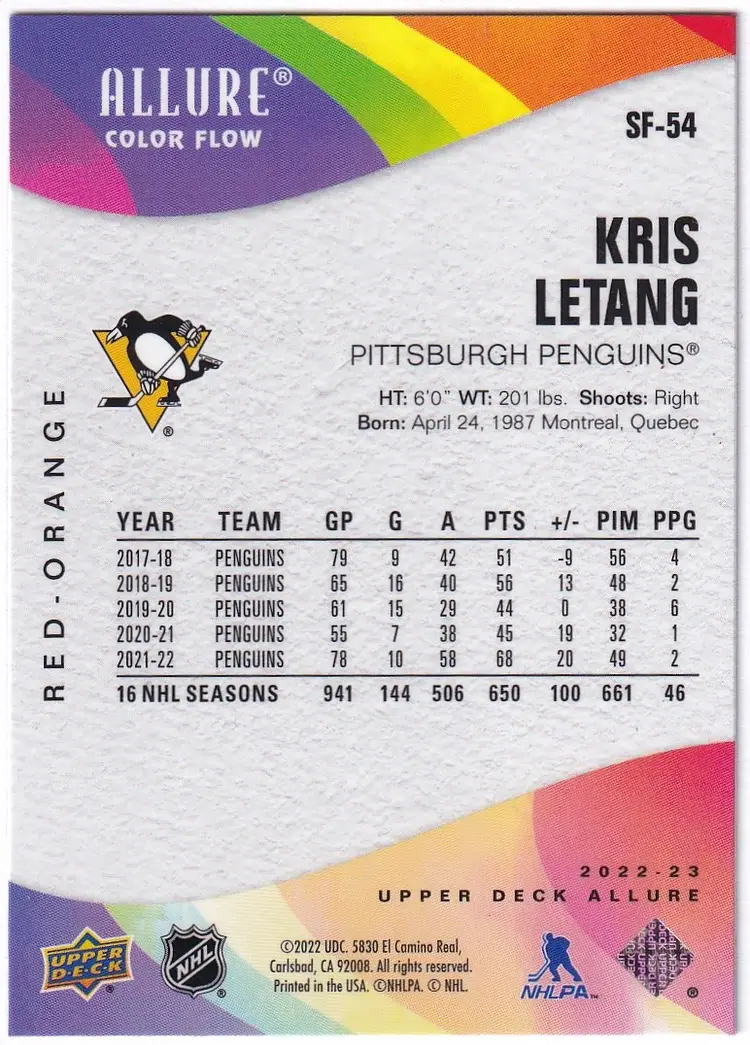 2022-23 Upper Deck Allure Color Flow Red Orange #SF54 Kris Letang Pittsburgh Penguins Hockey Card