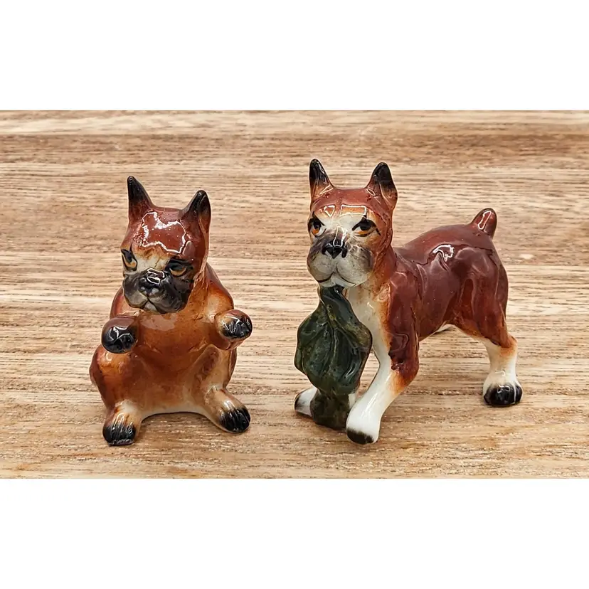 Miniature Porcelain Boxer Dog/Puppy Figurine Set Of 2