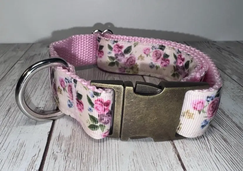 Dog Or Puppy Collar Pink Floral 1” Wide Small Handmade NEW With Metal Buckle