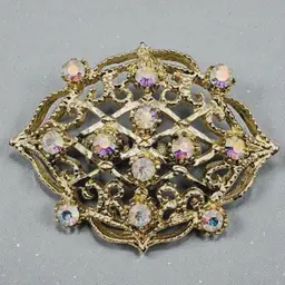 AB Aurora Borealis Gold tone Filigree Snowflake Vtg MCM Pin Brooch Estate Glam