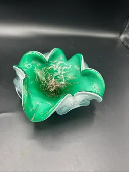 Vintage Art Glass Green Gold Fleck Aventurine Bullicante Bowl Dish Ashtray