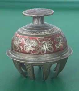 Indian brass elephant claw bell, temple bell. floral motifs red enamel 2.25”
